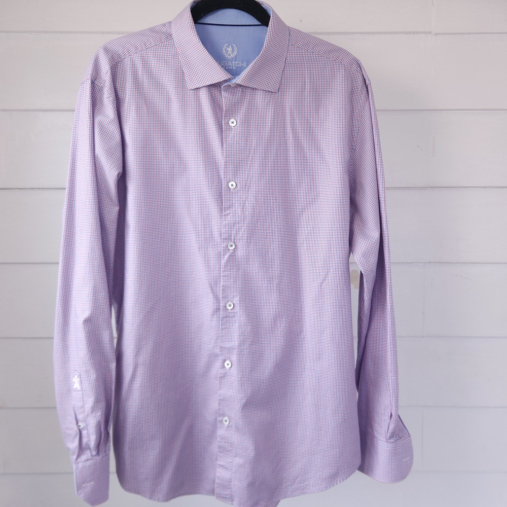 Bugatchi Uomo Dress Shirt 17.5 36/37 XL Purple Blue Gingham Cotton Contrast
